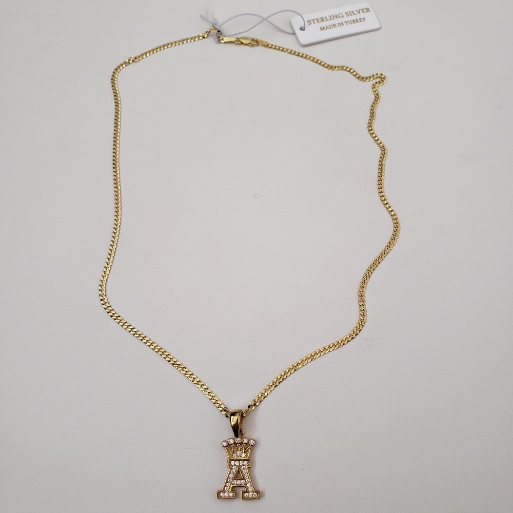 925 Sterling Silver Letter 'A' Crown Pendant Necklace